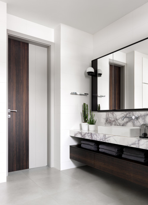 Contemporary Vanity: Marble and Dark Wood Drawers in Your Gray White Bathroom