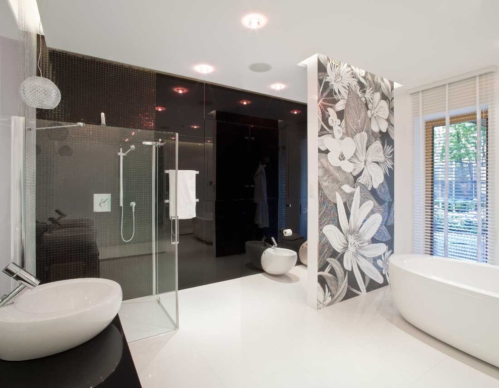 Example of a minimalist bathroom design in Other with a vessel sink and a wall-mount toilet