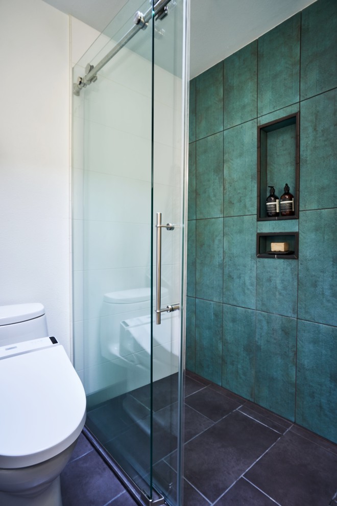 Cette photo montre une petite douche en alcôve principale éclectique avec un carrelage vert, des carreaux de porcelaine et une cabine de douche à porte coulissante.