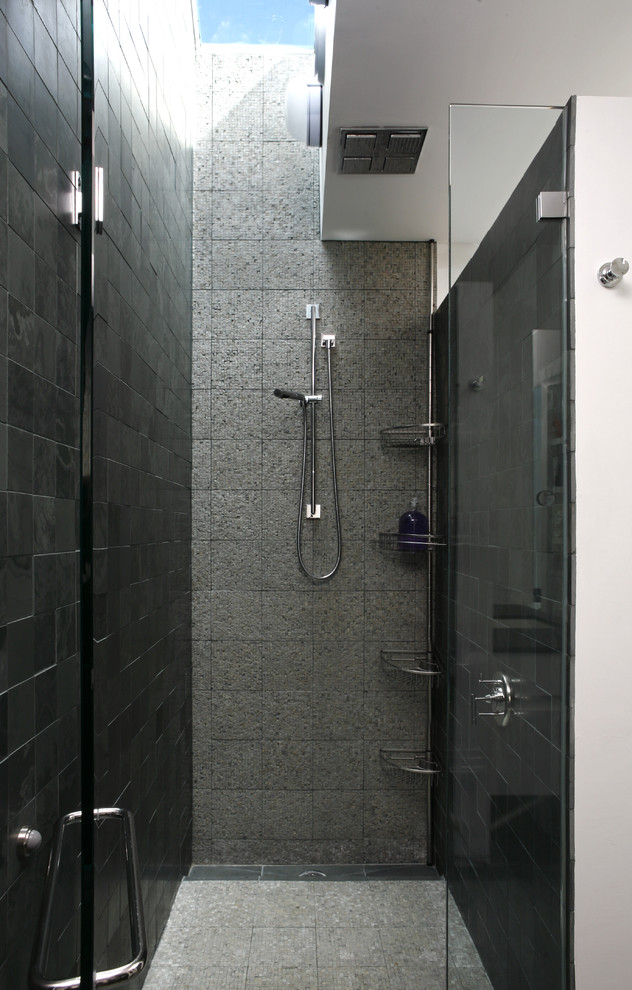 Medium sized traditional ensuite bathroom in DC Metro with a built-in shower, grey tiles, flat-panel cabinets, white cabinets, mosaic tiles, white walls, an open shower and feature lighting.