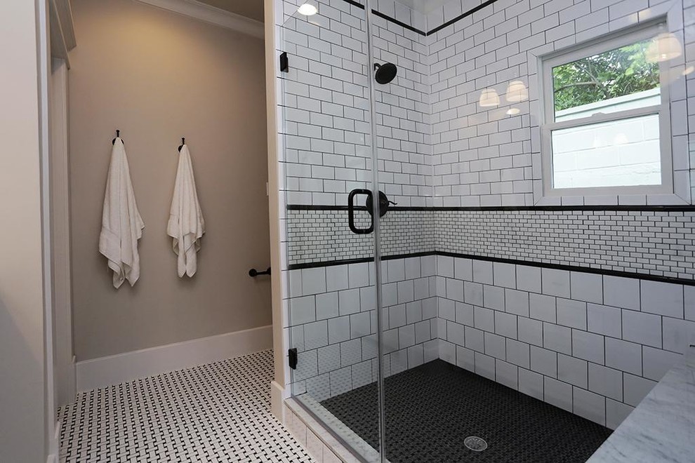 Doorless shower - mid-sized craftsman master white tile mosaic tile floor doorless shower idea in Denver with an undermount sink, shaker cabinets, white cabinets, marble countertops, a one-piece toilet and gray walls