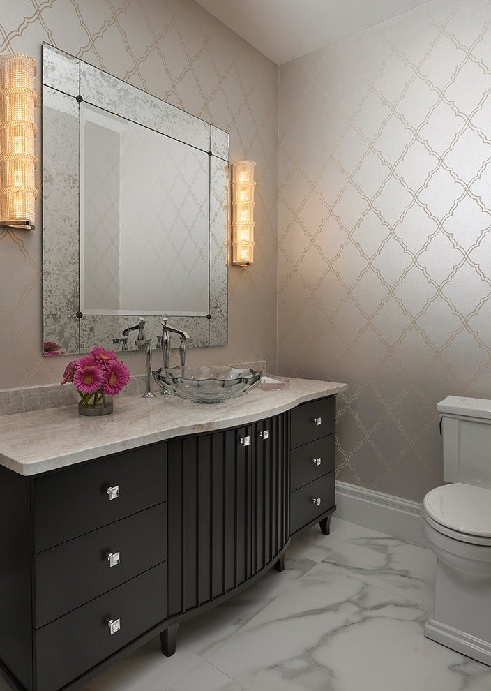 Mid-sized transitional 3/4 white tile and porcelain tile porcelain tile drop-in bathtub photo in Detroit with a vessel sink, flat-panel cabinets, dark wood cabinets, quartzite countertops, a two-piece toilet and beige walls