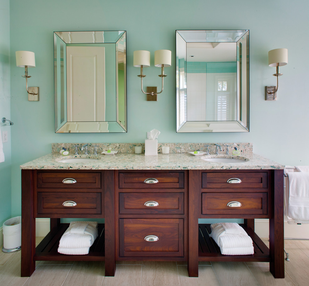 Example of a mid-sized eclectic master light wood floor bathroom design in Other with an undermount sink, flat-panel cabinets, dark wood cabinets and blue walls