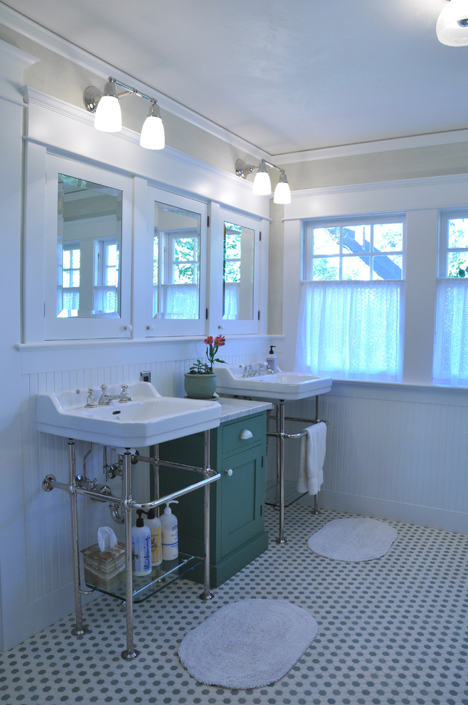 Mid-sized arts and crafts mosaic tile floor bathroom photo in Portland with white walls and a console sink
