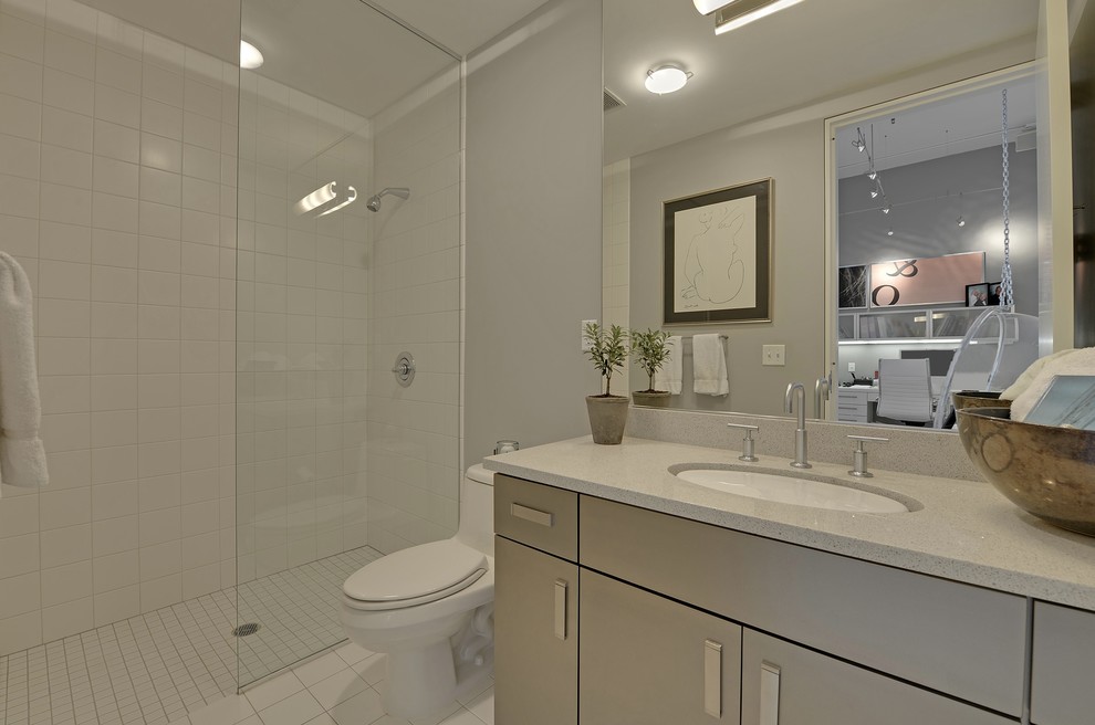 Foto de cuarto de baño contemporáneo con lavabo bajoencimera, armarios tipo mueble, puertas de armario grises, encimera de cuarcita, ducha abierta, sanitario de dos piezas, baldosas y/o azulejos grises y baldosas y/o azulejos de porcelana