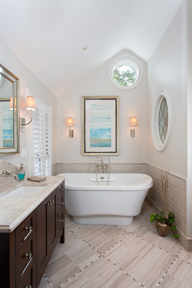 Design ideas for a classic bathroom in San Francisco with a freestanding bath and metro tiles.