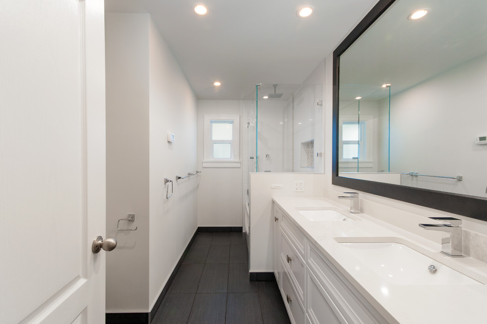 Design ideas for a medium sized contemporary shower room bathroom in Vancouver with shaker cabinets, white cabinets, a built-in bath, a shower/bath combination, ceramic tiles, white walls, engineered stone worktops, grey floors, an open shower, dark hardwood flooring, a submerged sink and white worktops.