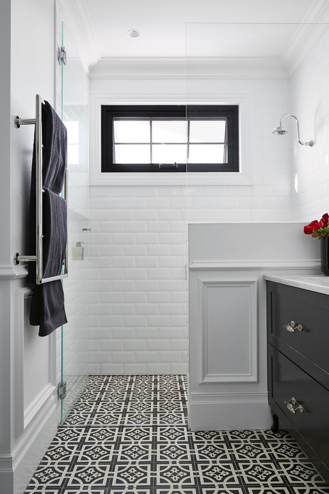 Bathroom - large traditional master white tile and ceramic tile ceramic tile and black floor bathroom idea in Sydney with a one-piece toilet, white walls, a drop-in sink and shaker cabinets