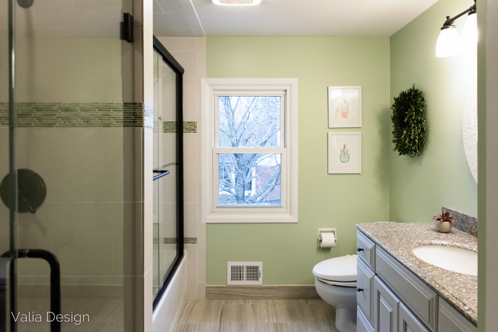 Design ideas for a large classic family bathroom in Detroit with a built-in bath, a double shower, a bidet, green tiles, matchstick tiles, green walls, porcelain flooring, a submerged sink and granite worktops.