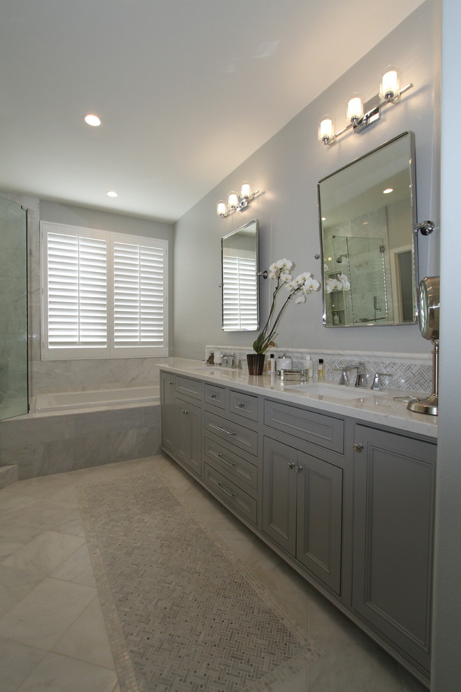 Huntington Beach Gray and White Marble Bathrooms Transitional