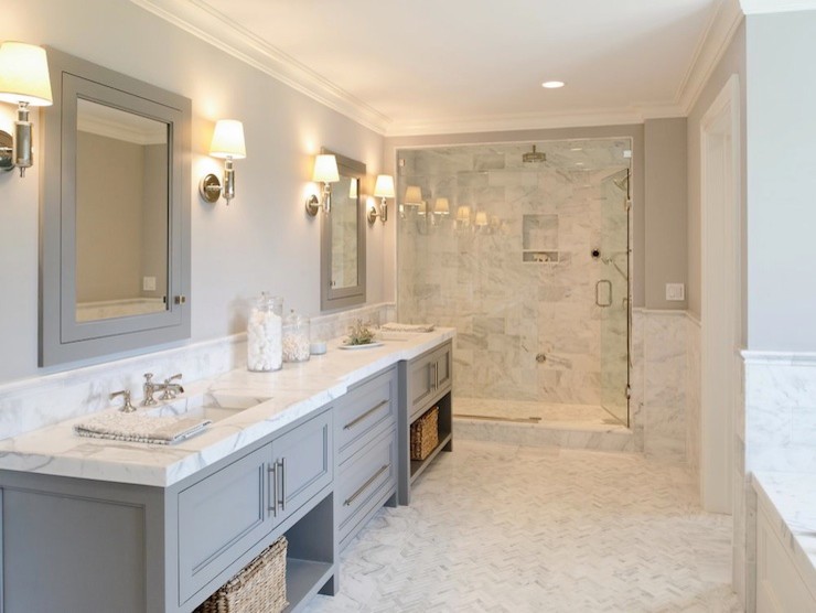 Example of a large trendy master white tile and matchstick tile marble floor and white floor alcove shower design in Orange County with recessed-panel cabinets, gray cabinets, an undermount tub, gray walls, an undermount sink, marble countertops and a hinged shower door