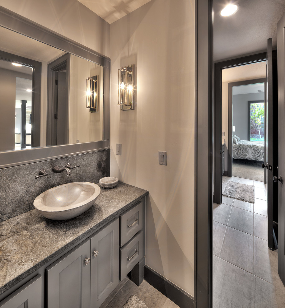 Huge trendy kids' bathroom photo in Kansas City with flat-panel cabinets, gray cabinets, beige walls and granite countertops