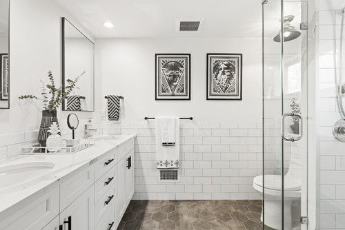 Monochrome Marvel: Explore Bathroom Art Ideas with White Shaker Vanity