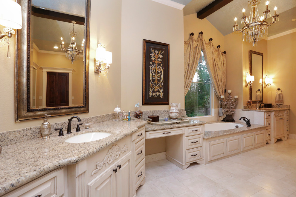 Bathroom - huge traditional master bathroom idea in Houston with a hot tub and beige walls