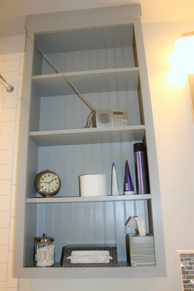 Inspiration for a mid-sized timeless master white tile and ceramic tile painted wood floor and gray floor bathroom remodel in Baltimore with recessed-panel cabinets, gray cabinets, a one-piece toilet, gray walls and an undermount sink