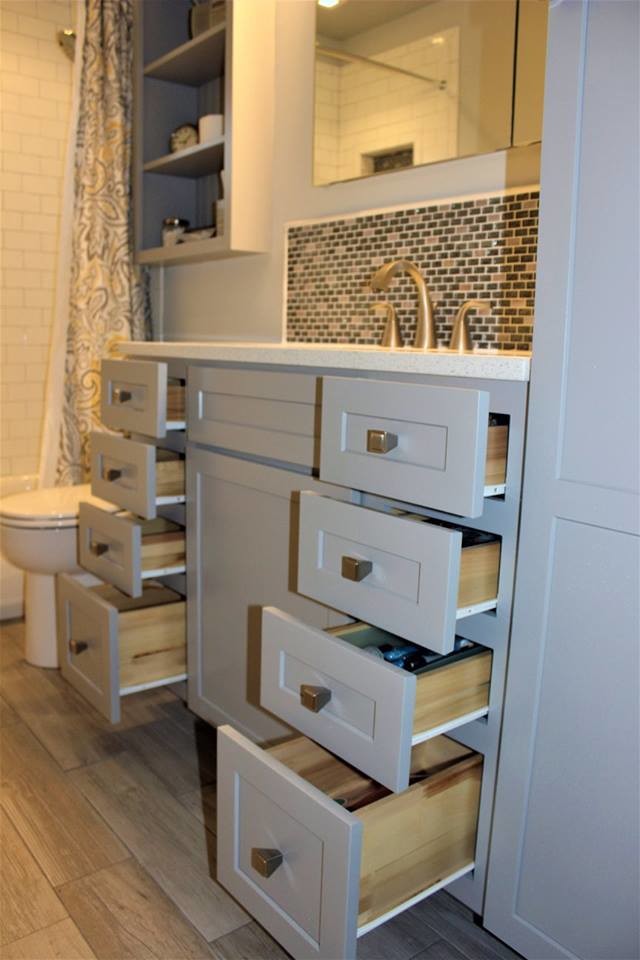 Medium sized traditional ensuite bathroom in Baltimore with recessed-panel cabinets, grey cabinets, an alcove bath, a shower/bath combination, a one-piece toilet, white tiles, ceramic tiles, grey walls, painted wood flooring, a submerged sink, grey floors and a shower curtain.