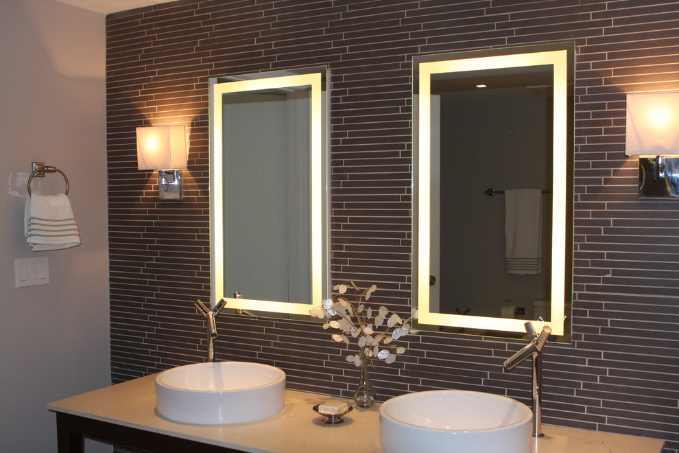 Example of a mid-sized trendy gray tile and matchstick tile bathroom design in Miami with purple walls, a vessel sink and marble countertops