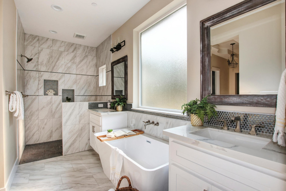 Bathroom - mid-sized traditional master mosaic tile double-sink bathroom idea in Sacramento with shaker cabinets, white cabinets, an undermount sink, quartzite countertops, a hinged shower door, white countertops and a built-in vanity