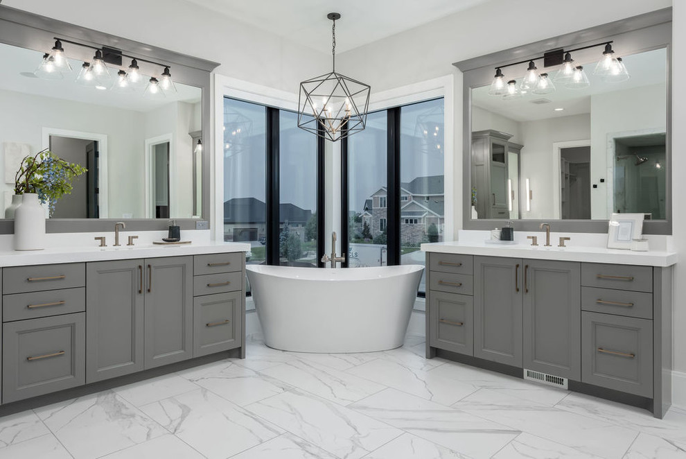 Design ideas for a large traditional ensuite bathroom in Salt Lake City with recessed-panel cabinets, black cabinets, an alcove shower, a one-piece toilet, beige tiles, porcelain tiles, black walls, ceramic flooring, a vessel sink, quartz worktops, white floors and white worktops.