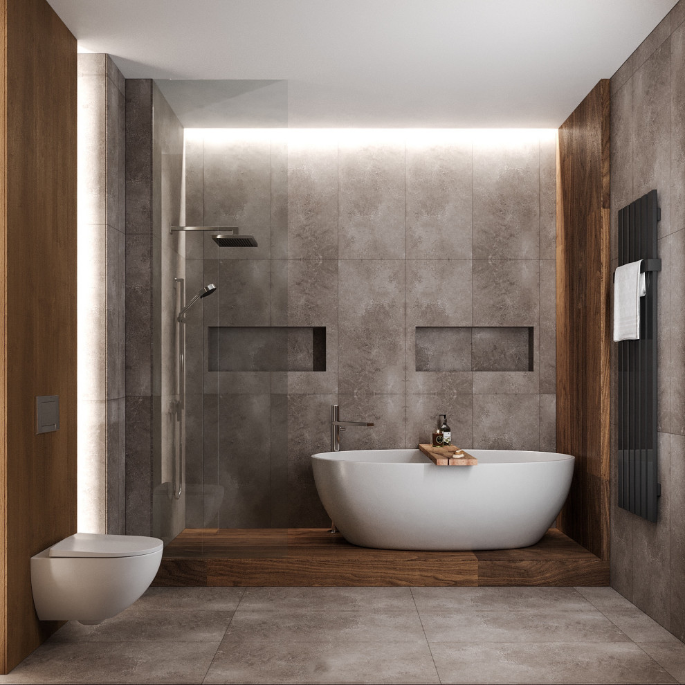 This is an example of a medium sized urban shower room bathroom with open cabinets, medium wood cabinets, a freestanding bath, a shower/bath combination, a wall mounted toilet, grey tiles, porcelain tiles, grey walls, porcelain flooring, a built-in sink, wooden worktops, grey floors, a shower curtain, beige worktops, a wall niche, a single sink, a floating vanity unit, a wood ceiling and wood walls.