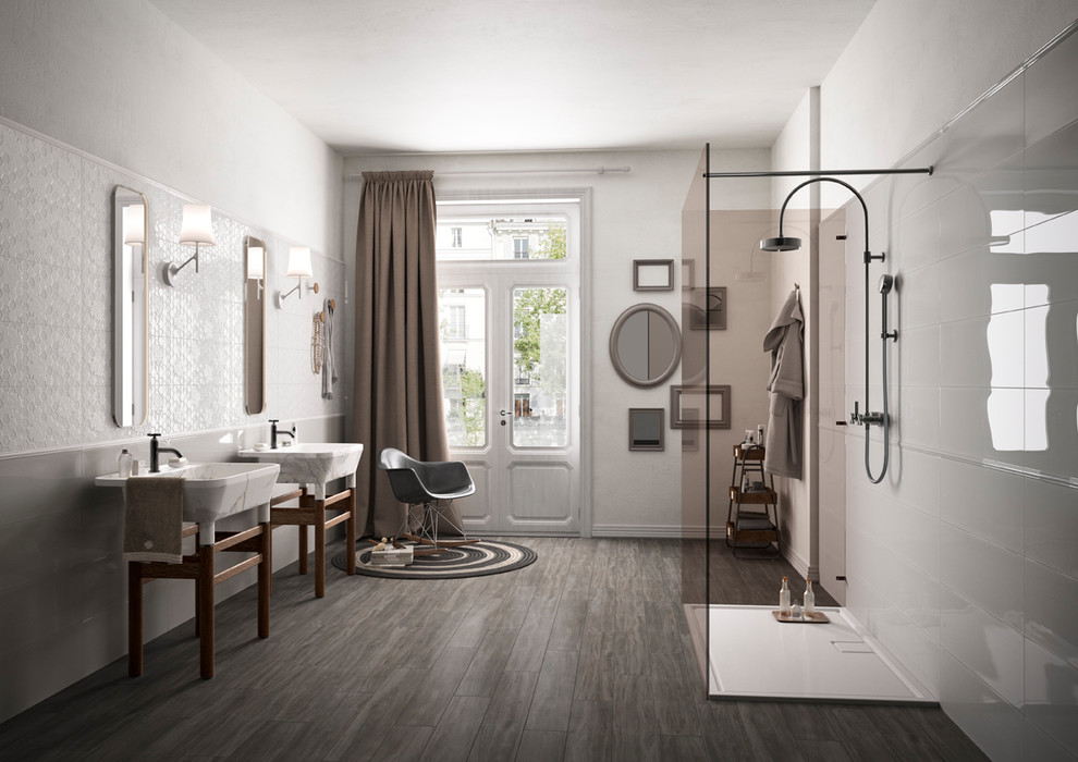 Идея дизайна: ванная комната в современном стиле с белой плиткой и керамической плиткой