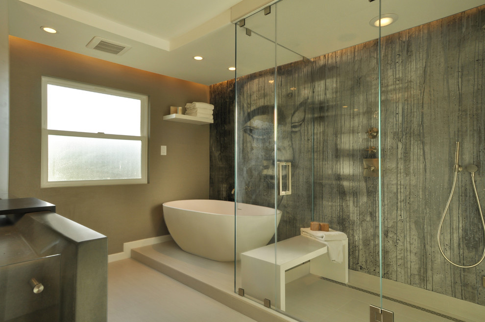 Example of a mid-sized trendy master white tile porcelain tile bathroom design in Los Angeles with flat-panel cabinets, white cabinets, multicolored walls, an integrated sink and concrete countertops