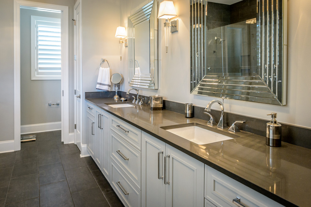 Photo of a large contemporary ensuite bathroom in Charleston with shaker cabinets, grey cabinets, grey walls, porcelain flooring, a submerged sink, engineered stone worktops, brown floors, a built-in bath, a built-in shower, a one-piece toilet, brown tiles, porcelain tiles and a hinged door.