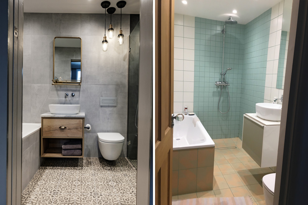 Idéer för ett litet industriellt en-suite badrum, med skåp i mellenmörkt trä, ett platsbyggt badkar, en öppen dusch, en vägghängd toalettstol, grå kakel, porslinskakel, grå väggar, klinkergolv i porslin, ett fristående handfat, marmorbänkskiva och med dusch som är öppen