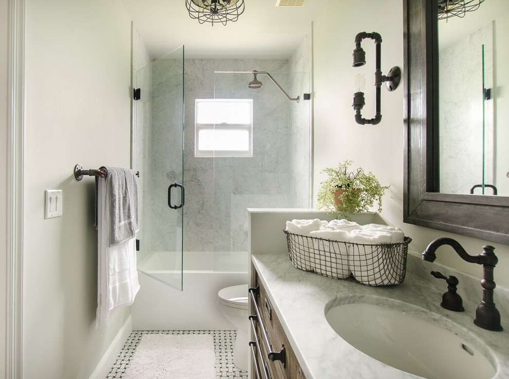 Small industrial bathroom in Miami with open cabinets, light wood cabinets, grey walls, vinyl flooring and marble worktops.