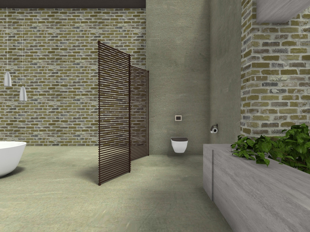 Foto de cuarto de baño industrial con bañera exenta y suelo de cemento
