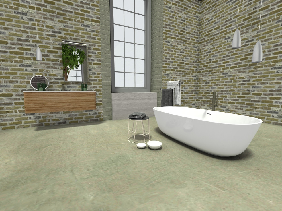 Idées déco pour une salle de bain industrielle avec une baignoire indépendante et sol en béton ciré.