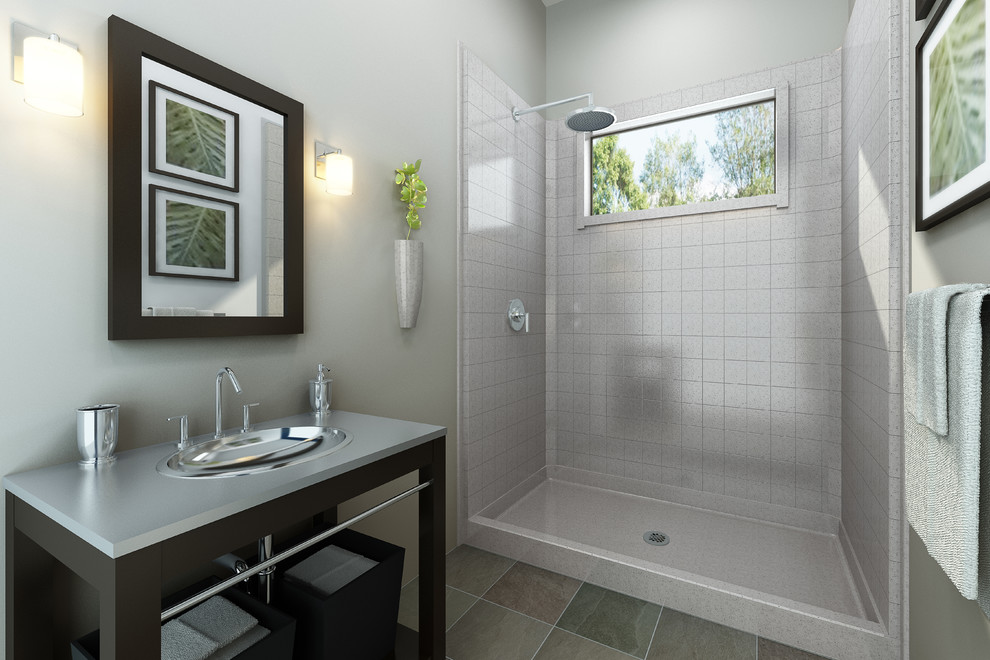 На фото: ванная комната в стиле лофт с душем в нише и открытым душем