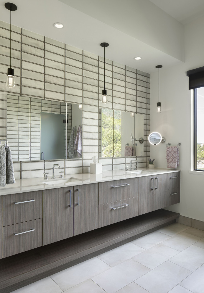 Example of a large urban master white tile and ceramic tile porcelain tile, white floor, double-sink and wainscoting bathroom design in Denver with flat-panel cabinets, brown cabinets, white walls, an undermount sink, quartz countertops, a hinged shower door, white countertops and a floating vanity