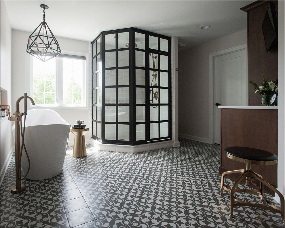 Mid-sized urban master yellow tile and subway tile cement tile floor and gray floor bathroom photo in Chicago with shaker cabinets, medium tone wood cabinets, a two-piece toilet, gray walls, an undermount sink, quartz countertops, a hinged shower door and white countertops