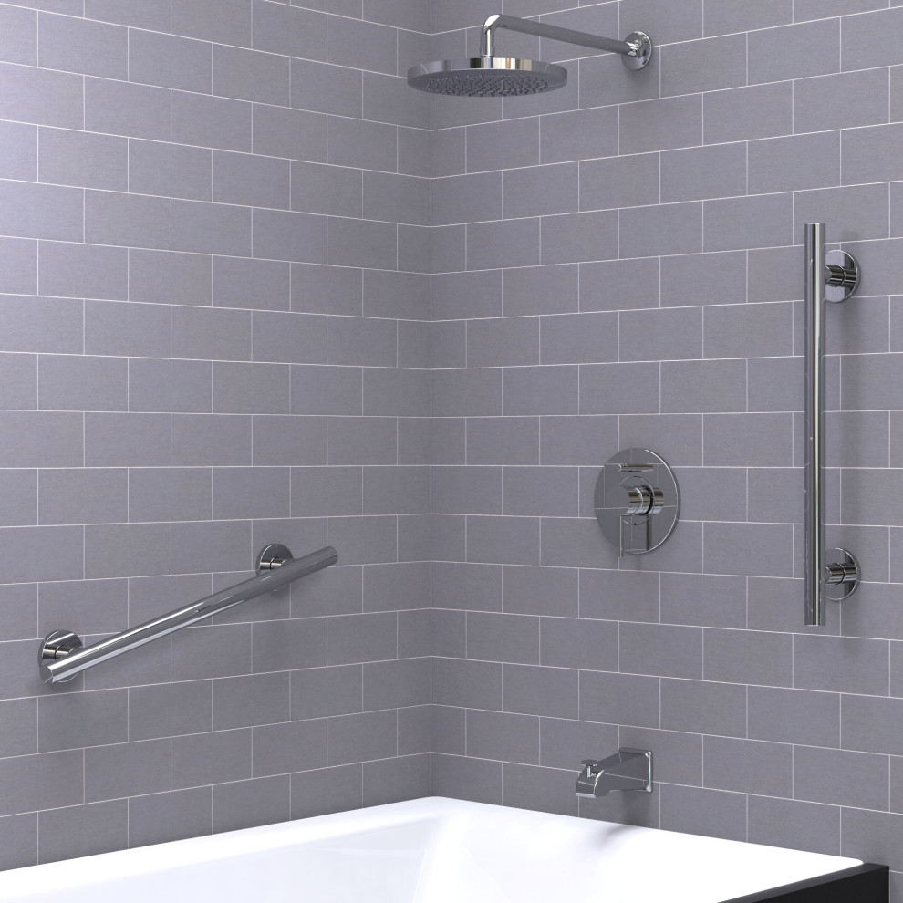 Пример оригинального дизайна: ванная комната среднего размера в стиле модернизм с накладной ванной, серой плиткой и плиткой кабанчик