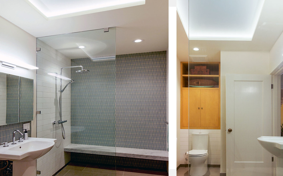 This is an example of a small modern shower room bathroom in San Francisco with open cabinets, light wood cabinets, a built-in shower, a two-piece toilet, blue tiles, glass tiles, white walls, ceramic flooring, a pedestal sink, grey floors and an open shower.