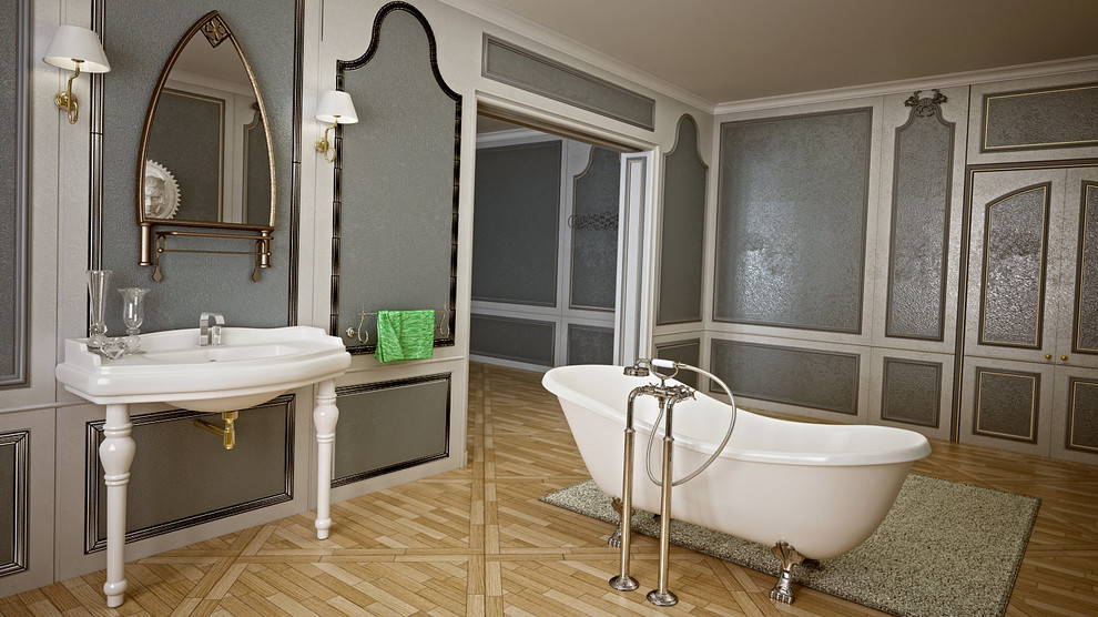 Cette photo montre une salle de bain craftsman de taille moyenne avec une baignoire indépendante, WC suspendus, un carrelage beige, un carrelage imitation parquet, un mur gris et un sol en bois brun.