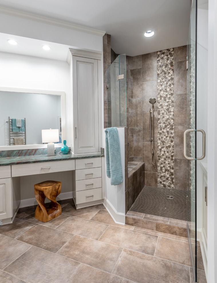 Example of a large transitional master brown tile ceramic tile and brown floor wet room design in Other with raised-panel cabinets, white cabinets, white walls, an undermount sink, quartzite countertops, a hinged shower door and turquoise countertops