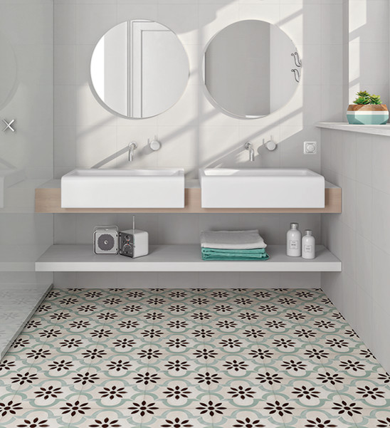 Example of a mid-sized trendy 3/4 porcelain tile and multicolored floor bathroom design in Los Angeles with open cabinets, gray cabinets, gray walls, a vessel sink and wood countertops