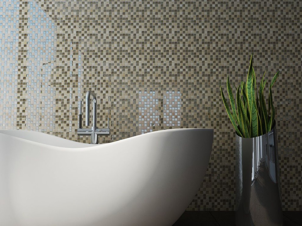 Идея дизайна: ванная комната в современном стиле с отдельно стоящей ванной, разноцветной плиткой, плиткой мозаикой и полом из керамогранита