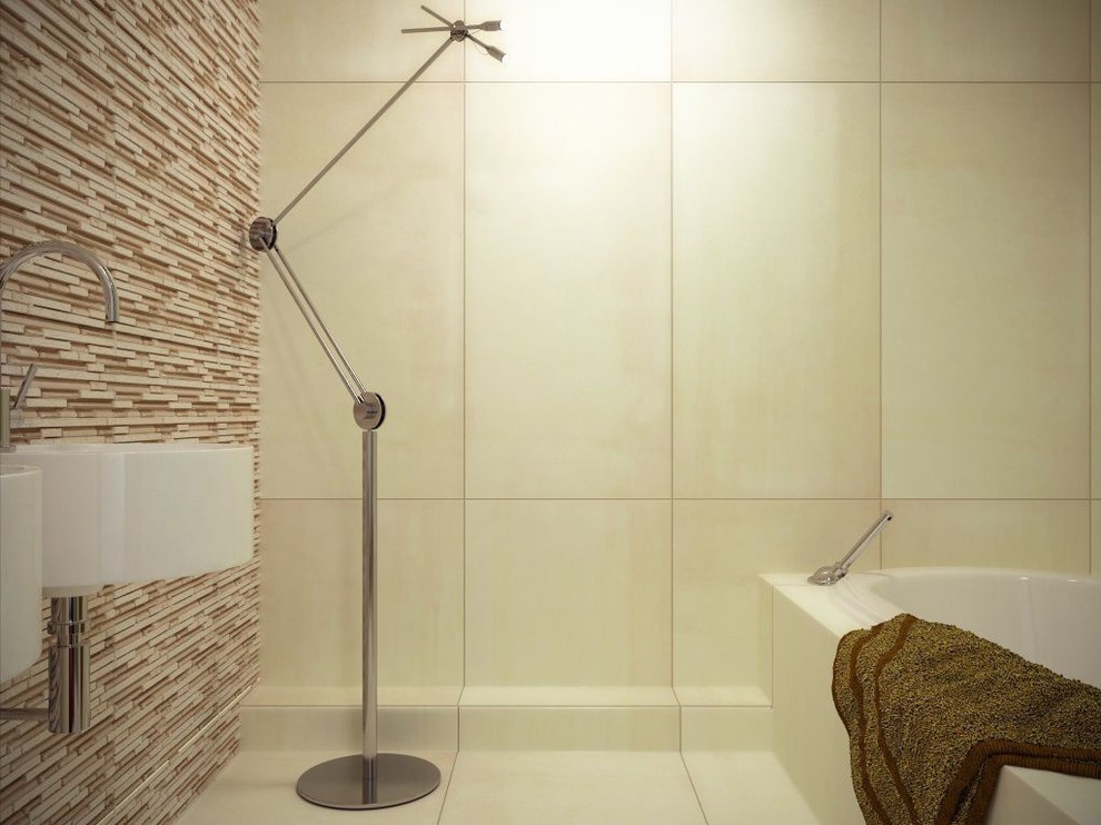 Diseño de cuarto de baño contemporáneo con bañera esquinera, baldosas y/o azulejos multicolor, baldosas y/o azulejos en mosaico, suelo de baldosas de porcelana y lavabo suspendido
