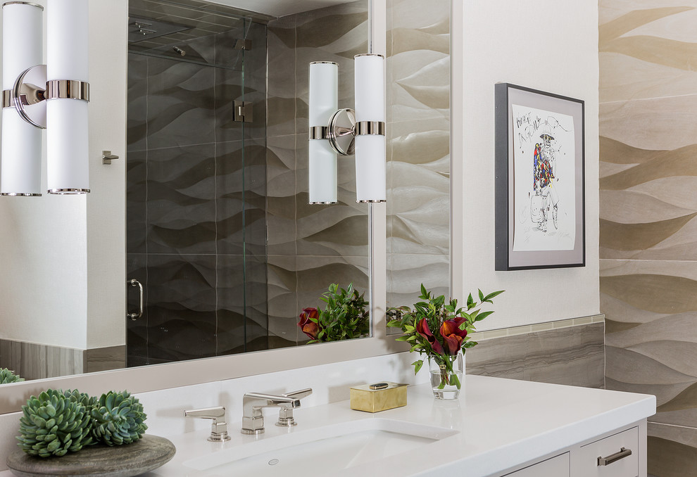 Inspiration for a mid-sized contemporary master gray tile and stone tile porcelain tile corner shower remodel in Boston with an undermount sink, brown cabinets, quartz countertops, an undermount tub, a one-piece toilet, white walls and flat-panel cabinets