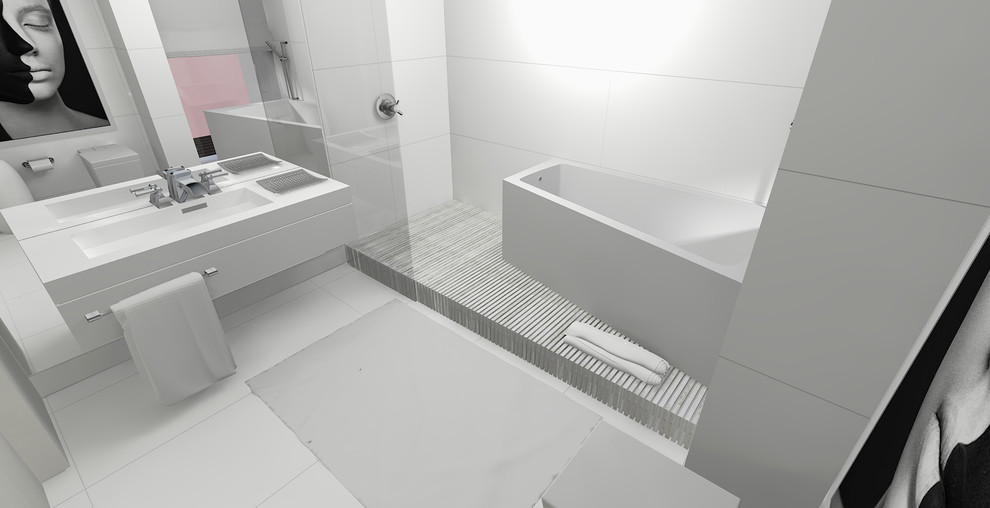 Idéer för ett stort modernt en-suite badrum, med släta luckor, vita skåp, ett fristående badkar, en öppen dusch, en vägghängd toalettstol, vit kakel, keramikplattor, vita väggar, klinkergolv i keramik, ett integrerad handfat, bänkskiva i akrylsten, vitt golv och med dusch som är öppen