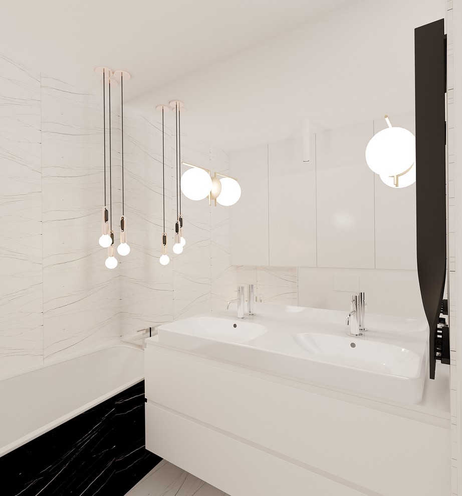 Modernes Badezimmer mit flächenbündigen Schrankfronten, weißen Schränken, Einbaubadewanne, weißen Fliesen, weißer Wandfarbe, Aufsatzwaschbecken und weißem Boden in Sonstige