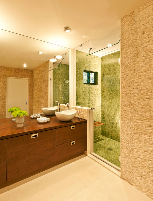 Earth element bathroom cabinets color in warm brown tones with natural stone textures for Feng Shui stability and grounding