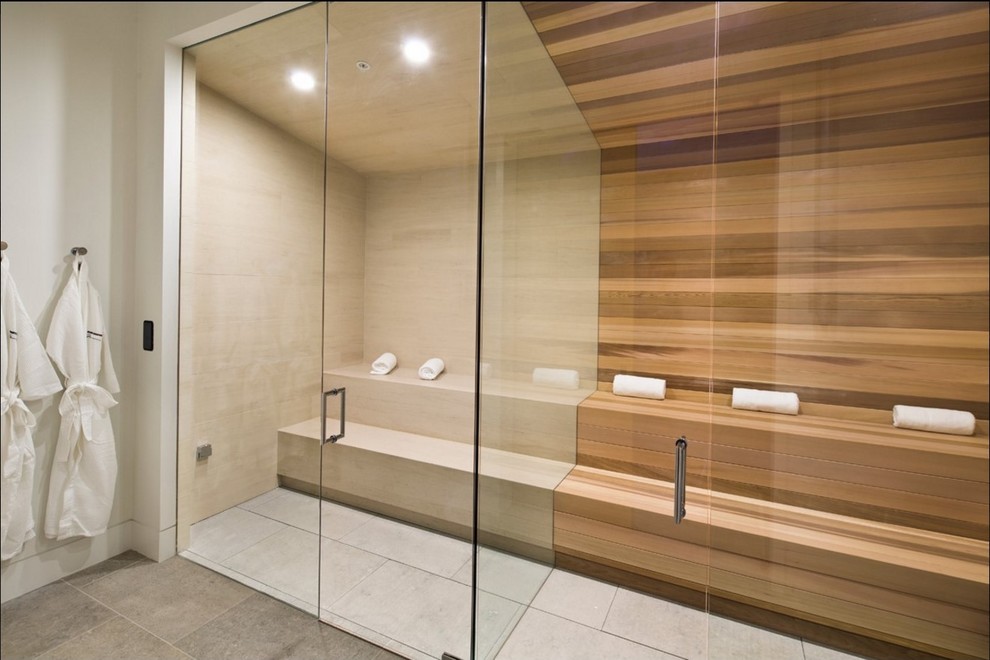 Small modern sauna bathroom in San Francisco with a built-in shower, beige tiles, porcelain tiles, white walls, beige floors, an open shower and limestone flooring.