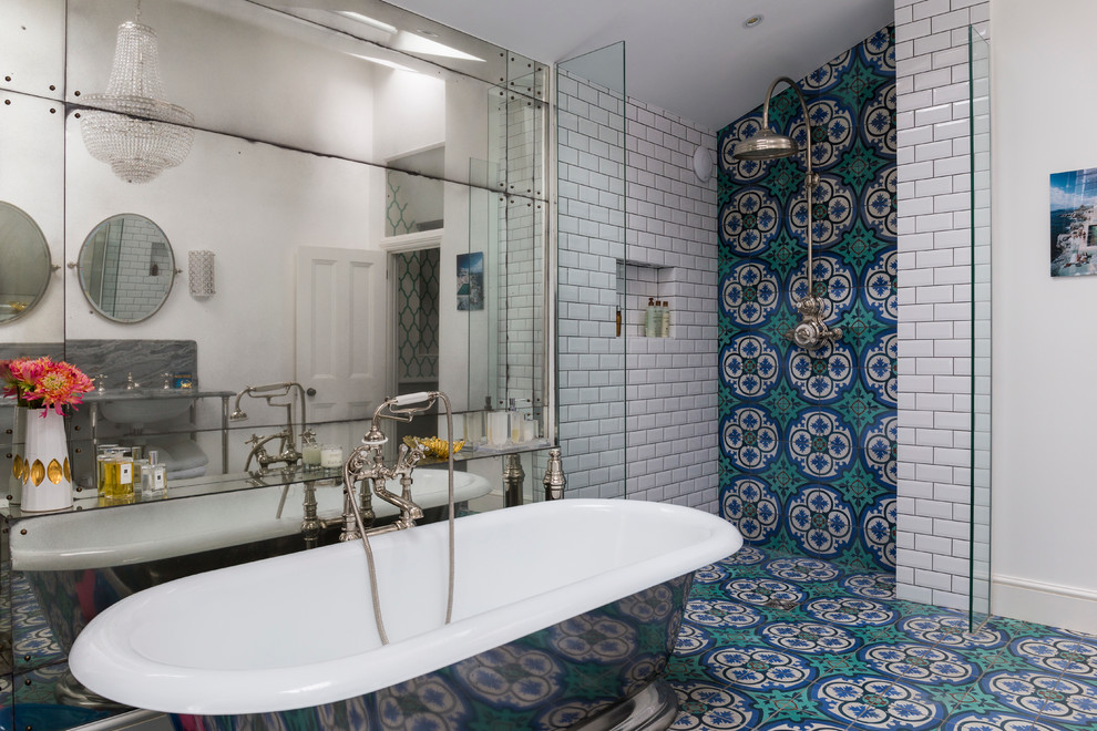 Inspiration for an eclectic bathroom in London with a freestanding bath, a walk-in shower, blue tiles, green tiles, white tiles and metro tiles.