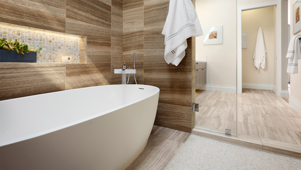 Example of a mid-sized transitional 3/4 white tile and stone slab medium tone wood floor bathroom design in San Francisco with flat-panel cabinets, beige cabinets, a one-piece toilet, white walls, a drop-in sink and solid surface countertops