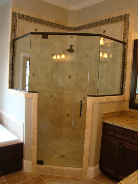 Medium sized classic ensuite bathroom in Birmingham with an alcove bath, a corner shower, beige tiles, ceramic tiles, beige walls and granite worktops.