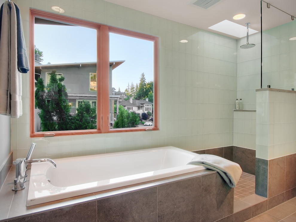 Inspiration for a contemporary glass tile bathroom remodel in Seattle